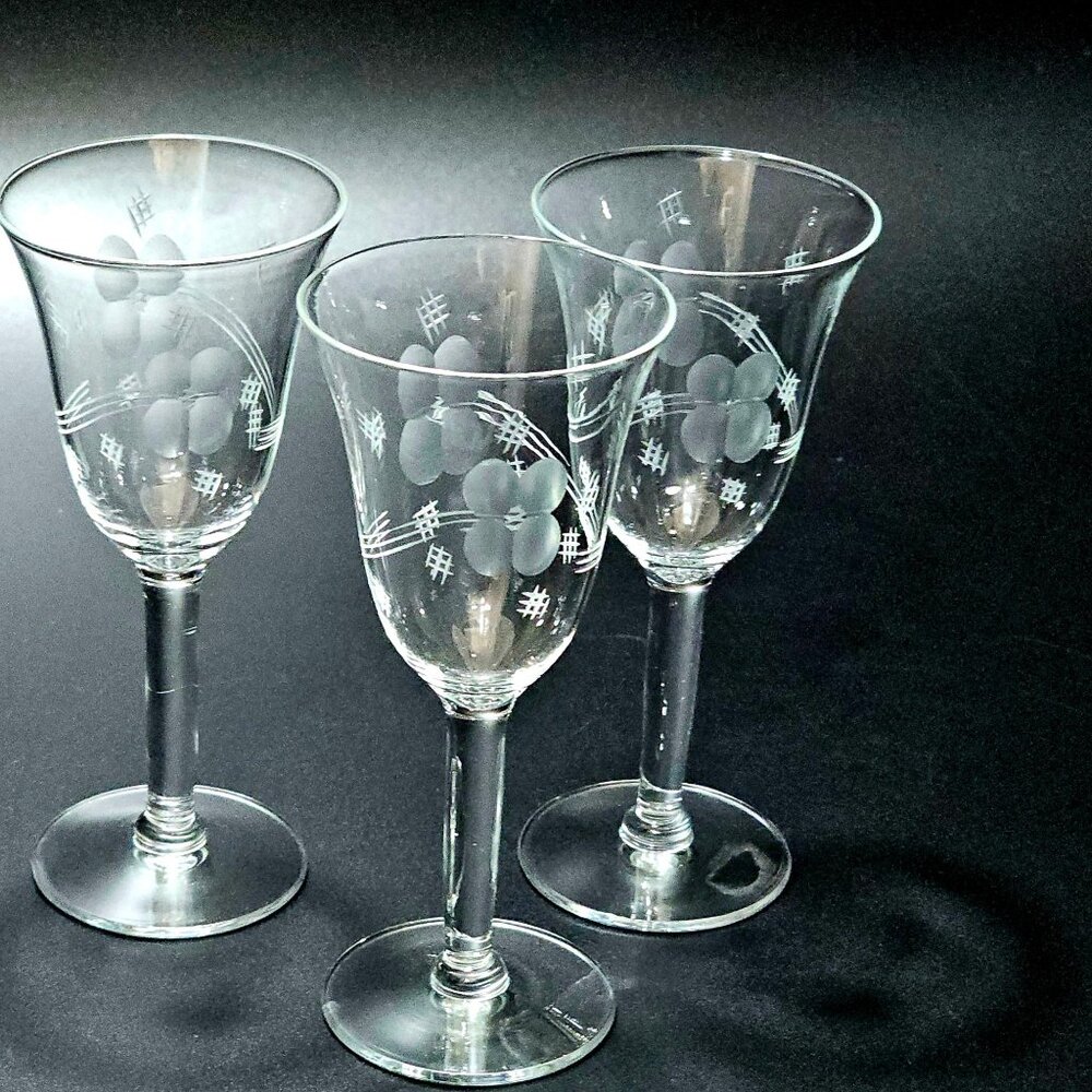 3 Art Deco Etched Crystal Cocktail Glasses 5" vtg hashtag floral drinkware 90s